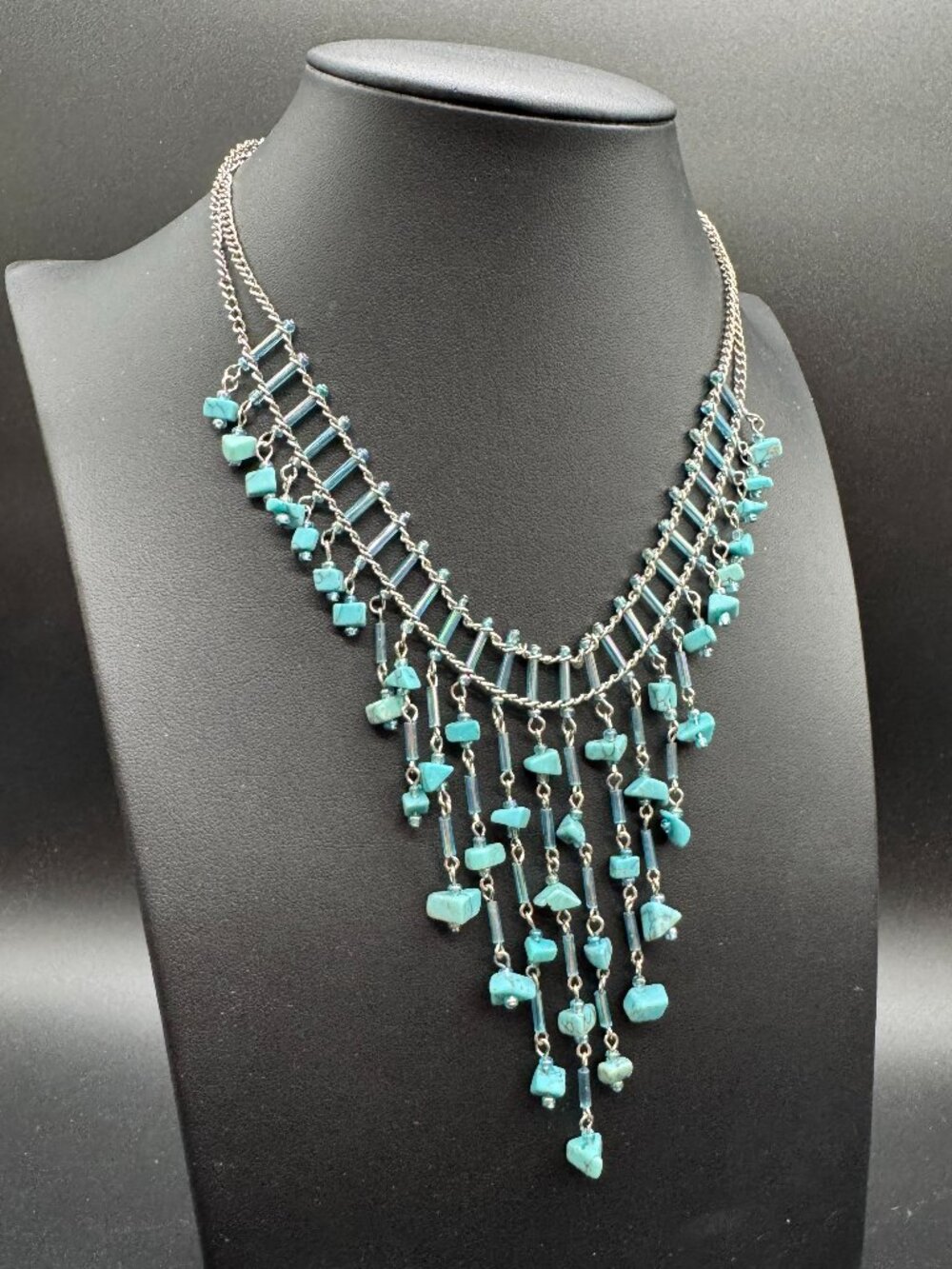 Vintage Silver Tone Bib Necklace Beads and Turquoise Chips Dangling 16 inches
